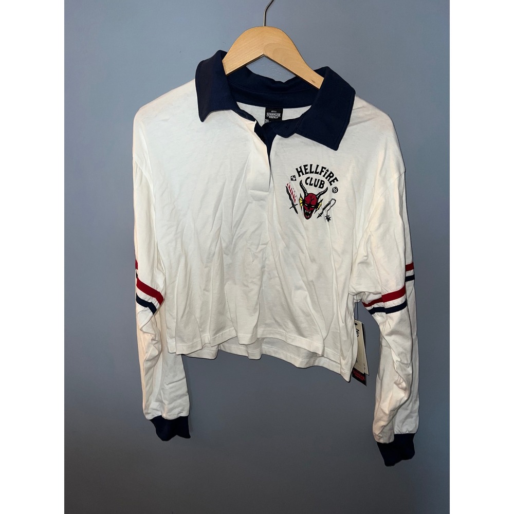 Stranger Things Hellfire Club Cropped Polo Long Sleeve Shirt White Navy Large